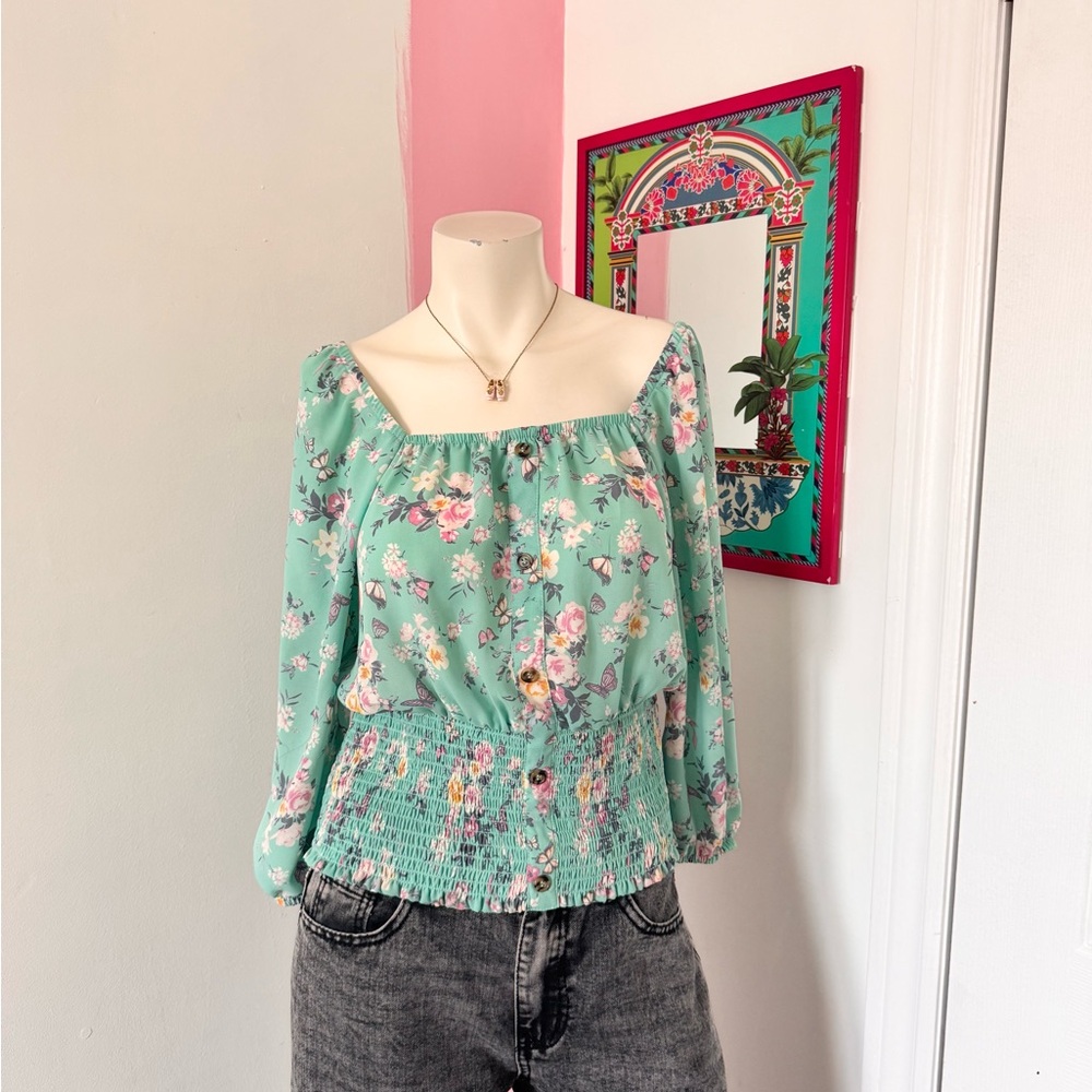 No Boundaries Turquoise And Pink Floral Smocked Waist Square Neck Blouse